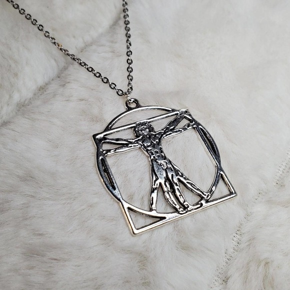 Leonardo Da Vinci Vitruvian Man Drawing Charm Necklace - Picture 3 of 3